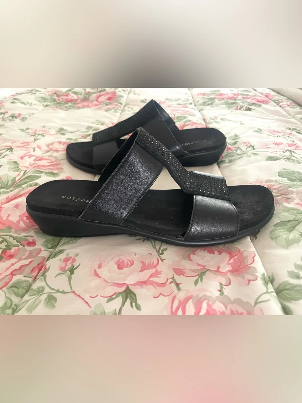 Easy Spirit Slide Sehaddie Black Leather w Rhinestone Wedge Sandals Sz 8 - Picture 4 of 6